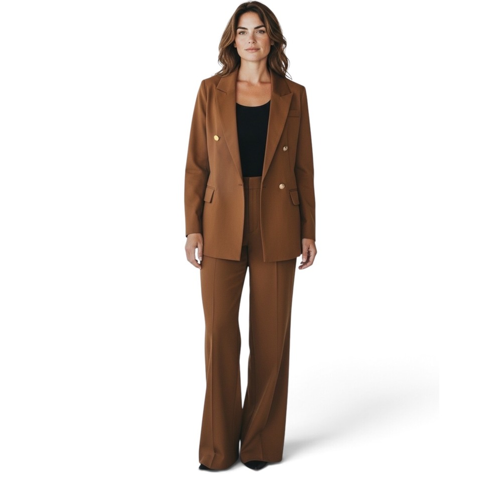 Womens Caramel Brown 2 Piece Blazer and Wide Leg Pant Suit Set with Belt
